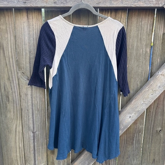 Free People We The Free Waffle Knit Sleeve Mixed Media Henley Style Raw Edge Top - Picture 8 of 8